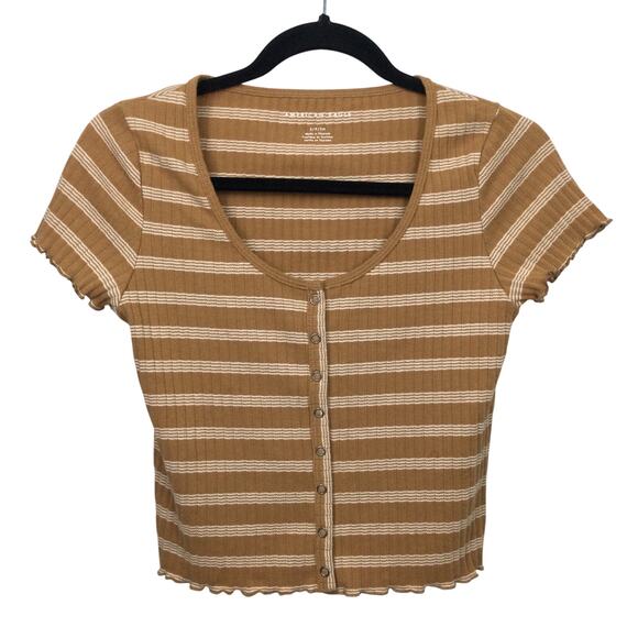 American Eagle Scoop Neck Snap Front Tan Striped Scalloped Cropped Top Size S - Picture 1 of 8